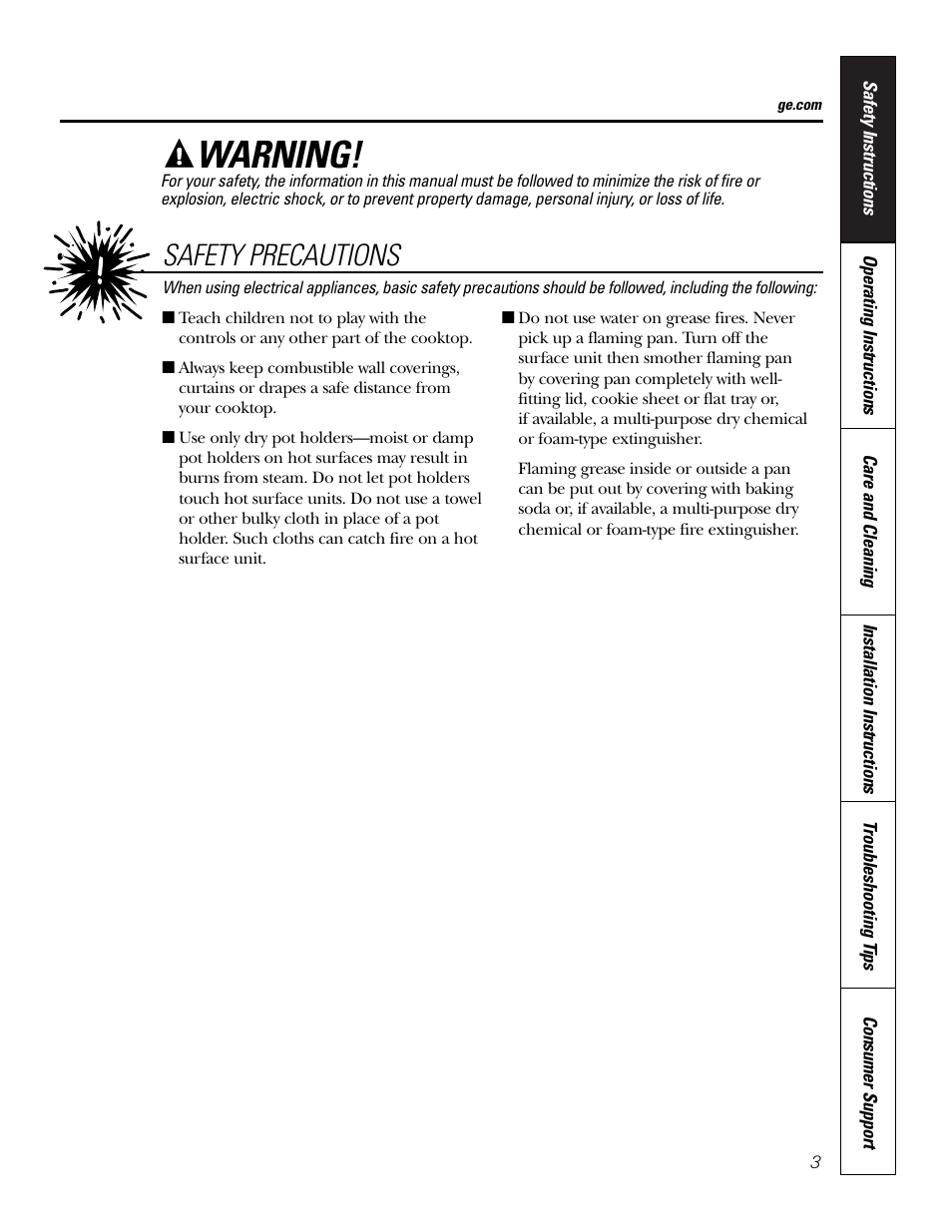 Warning, Safety precautions | GE JP201 User Manual | Page 3 / 16