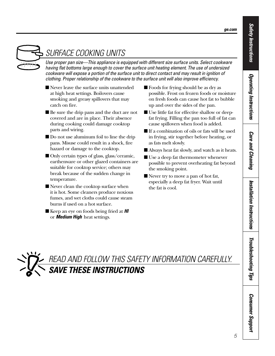 Surface cooking units | GE JP201 User Manual | Page 5 / 16