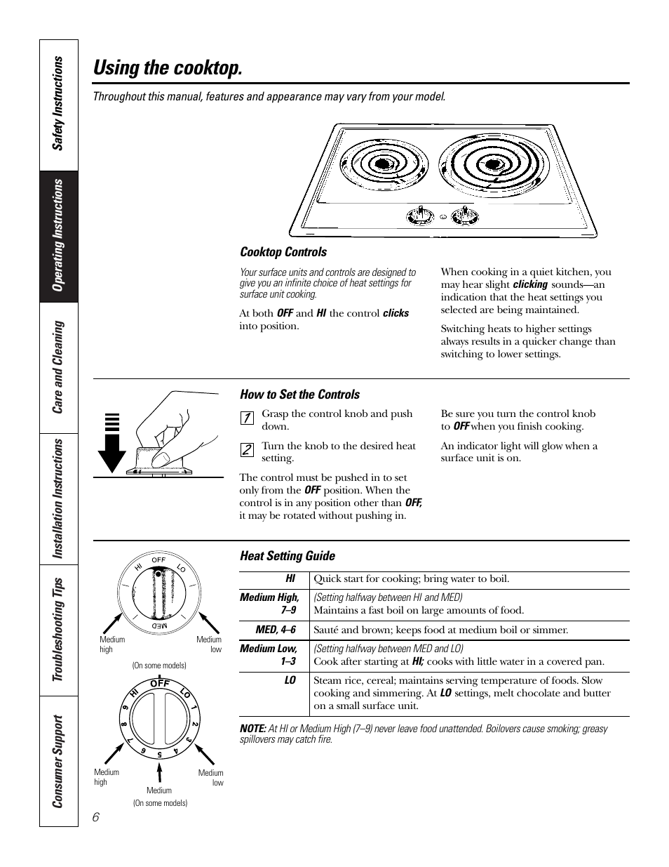 Surface units, Using the cooktop | GE JP201 User Manual | Page 6 / 16