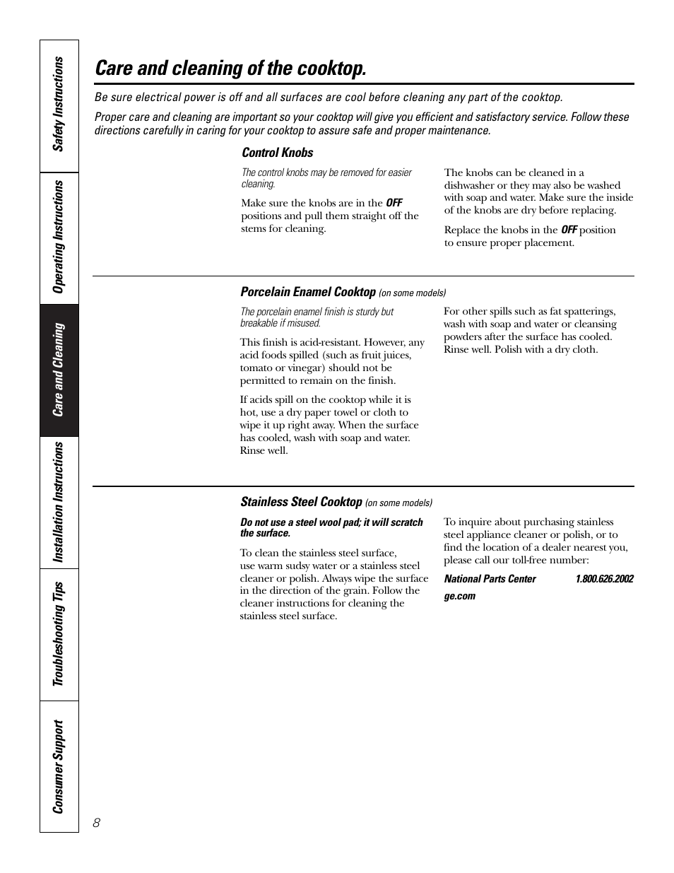 Control knobs, Porcelain enamel cooktop, Stainless steel cooktop | Care and cleaning of the cooktop | GE JP201 User Manual | Page 8 / 16