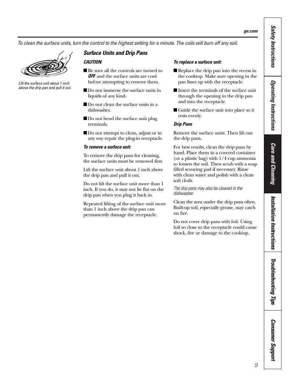 Surface units and drip pans | GE JP201 User Manual | Page 9 / 16