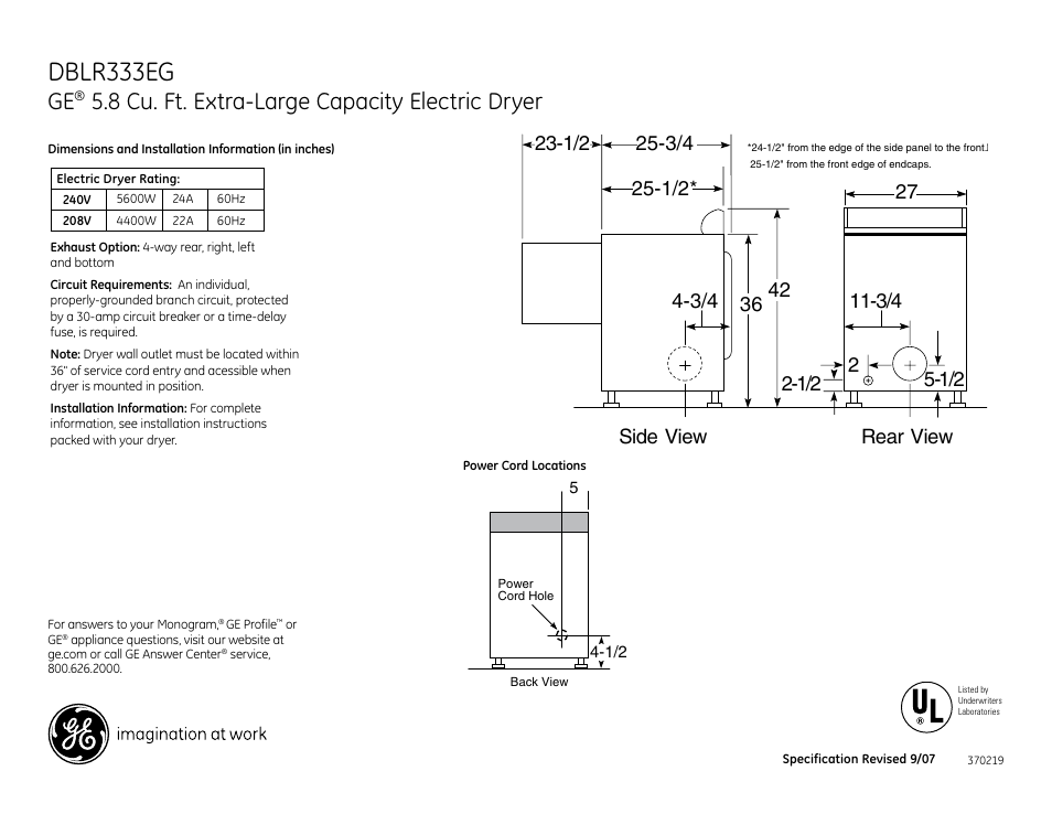 GE DBLR333EGWW User Manual | 3 pages