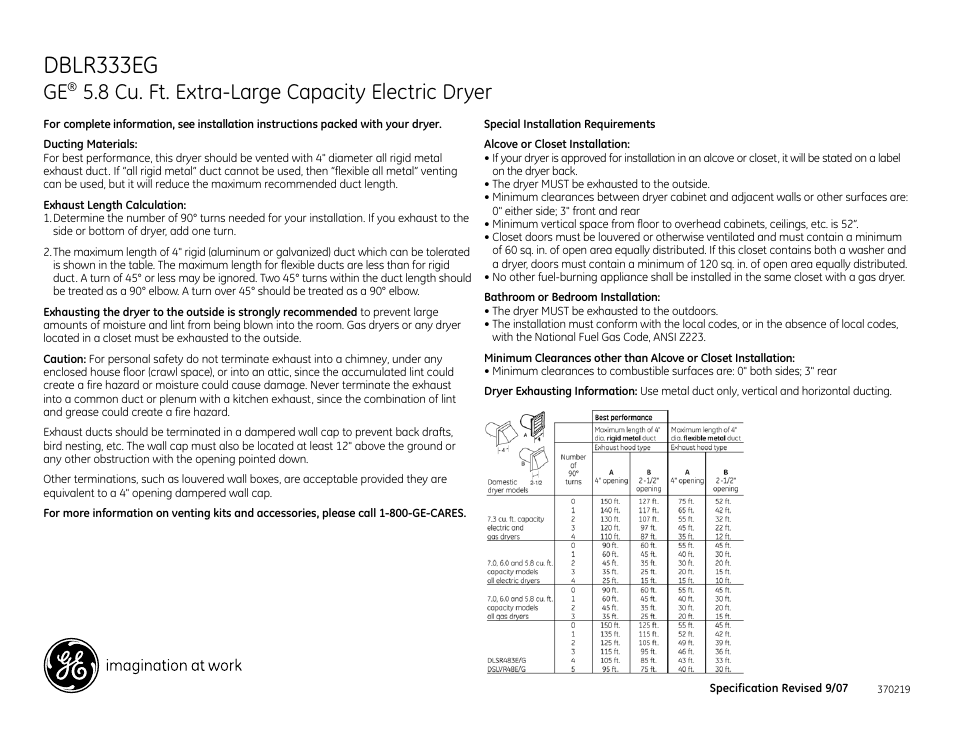 Dblr333eg, 8 cu. ft. extra-large capacity electric dryer | GE DBLR333EGWW User Manual | Page 2 / 3