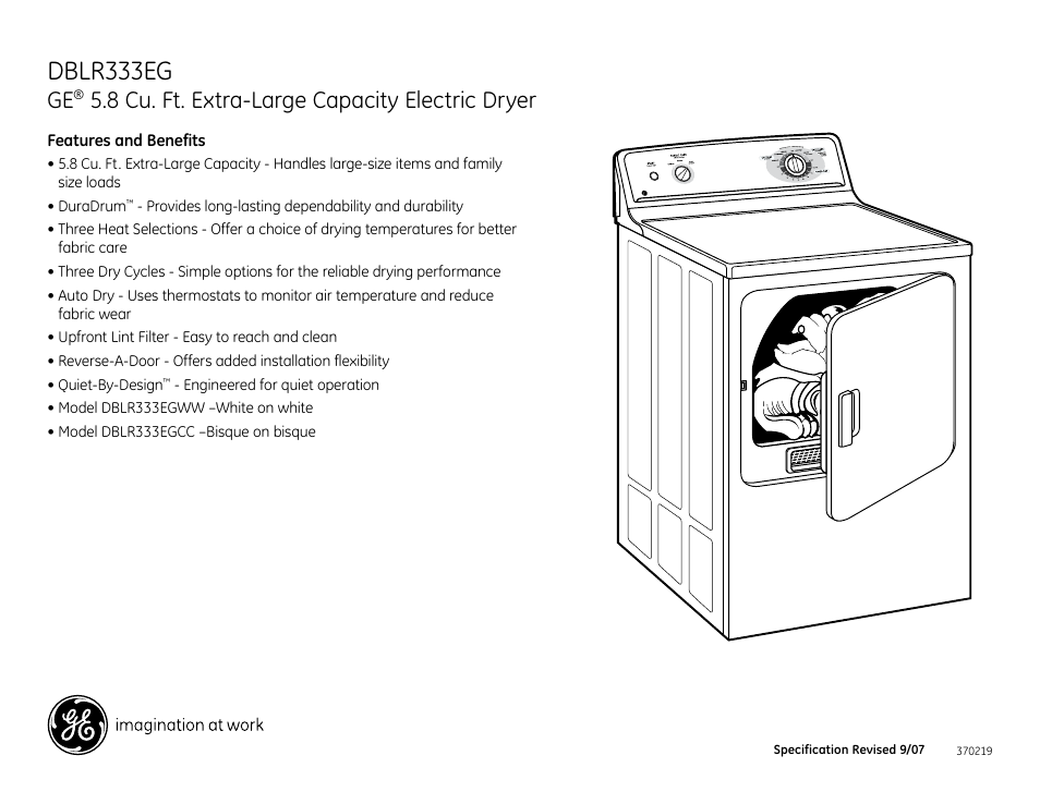 Dblr333eg, 8 cu. ft. extra-large capacity electric dryer | GE DBLR333EGWW User Manual | Page 3 / 3