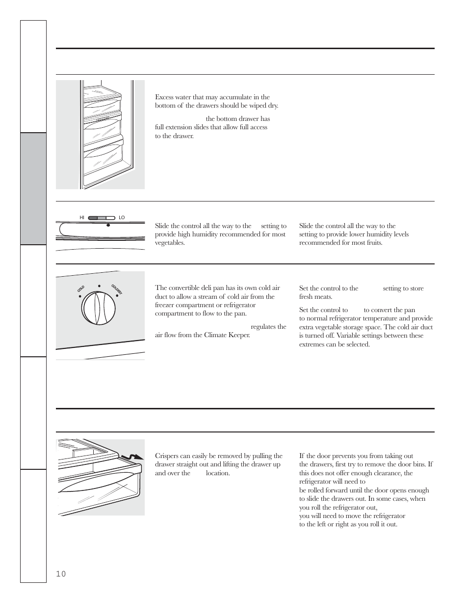 Crispers and pans, About crisper removal, About the crispers and pans | GE 200D8074P044 User Manual | Page 10 / 112