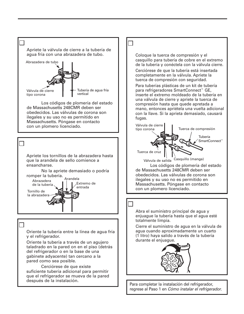 Instrucciones para la instalación, Cómo conectar la tubería a la válvula, Enjuague la tubería | Apriete la válvula de cierre, Apriete la abrazadera de tubo, Cómo orientar la tubería | GE 200D8074P044 User Manual | Page 101 / 112