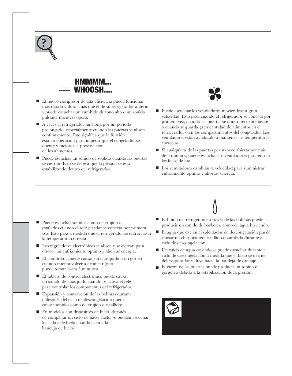 Solucionar problemas, Sonidos normales de la operación, Sonidos normales de operación | Chasquidos, estallidos, crujido, gorjeos, Sonidos de agua, Whir | GE 200D8074P044 User Manual | Page 102 / 112