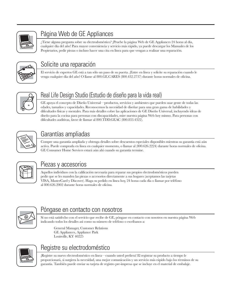 Servicio al consumidor, Solicite una reparación, Garantías ampliadas | Piezas y accesorios, Póngase en contacto con nosotros, Registre su electrodoméstico | GE 200D8074P044 User Manual | Page 111 / 112