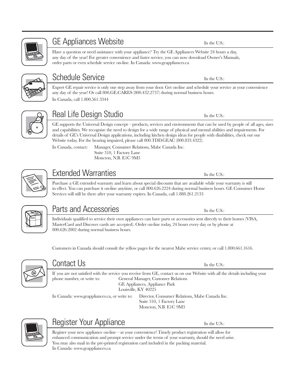 Consumer support, Consumer support. ge appliances website, Schedule service | Real life design studio, Extended warranties, Parts and accessories, Contact us, Register your appliance | GE 200D8074P044 User Manual | Page 112 / 112