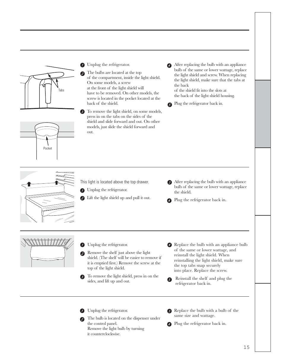 Replacing the light bulbs | GE 200D8074P044 User Manual | Page 15 / 112