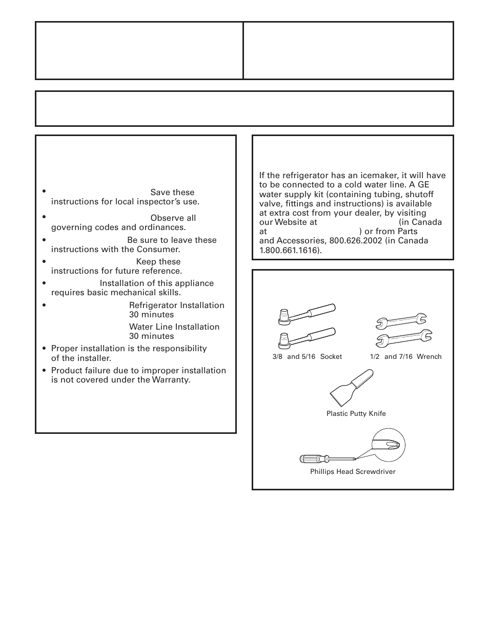 Preparing to installthe refrigerator, Installation refrigerator instructions, Important | GE 200D8074P044 User Manual | Page 16 / 112