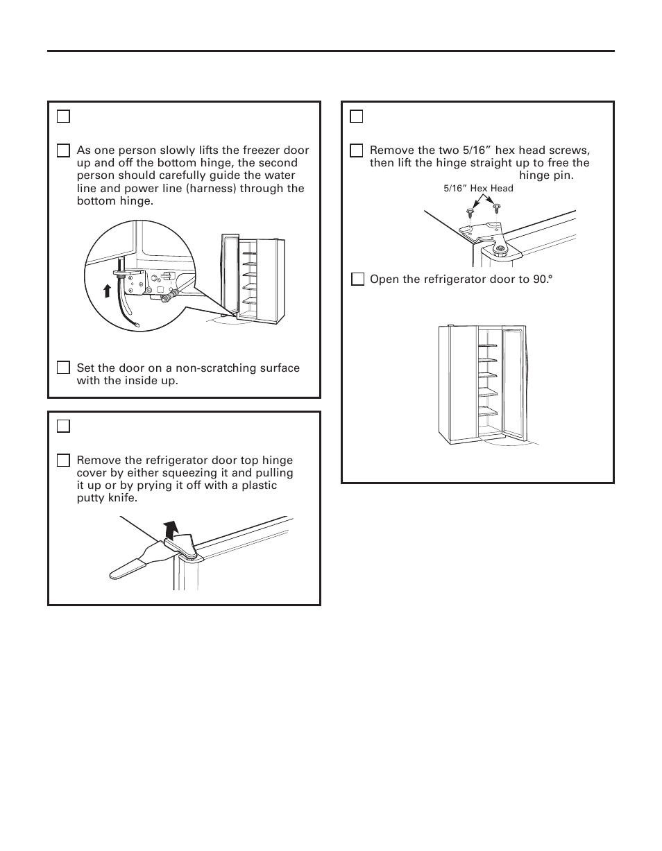 Installation instructions, Remove the freezer door (cont.), Remove the refrigerator door | Remove the refrigerator door (cont.) | GE 200D8074P044 User Manual | Page 19 / 112