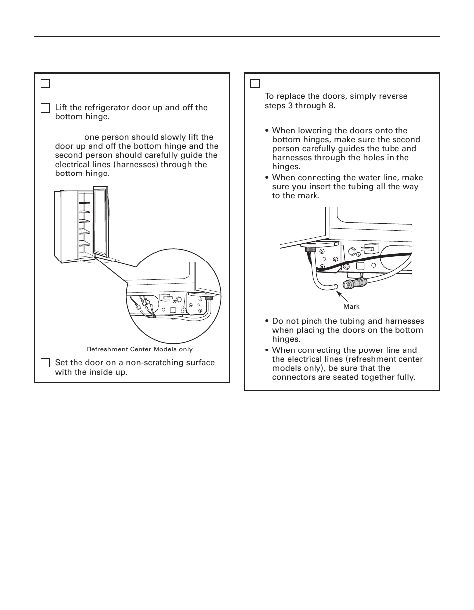 Installation instructions, Moving the refrigerator, Remove the refrigerator door (cont.) | Replacing the doors, Cont.) | GE 200D8074P044 User Manual | Page 20 / 112