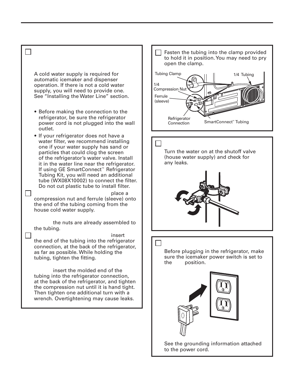 Installation instructions, Installing the refrigerator, Turn on the water supply | Plug in the refrigerator, Cont.) | GE 200D8074P044 User Manual | Page 22 / 112
