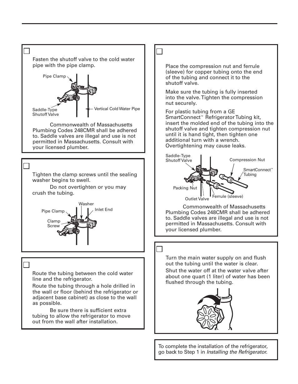 Installation instructions, Connect the tubing to the valve, Flush out the tubing | Fasten the shutoff valve, Tighten the pipe clamp, Route the tubing | GE 200D8074P044 User Manual | Page 27 / 112