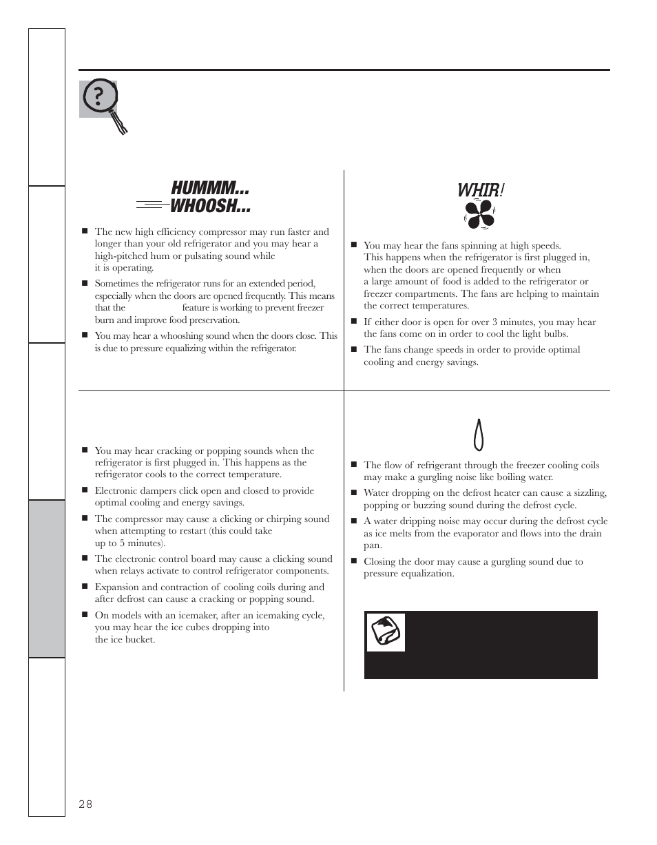 Normal operating sounds, Hummm... whoosh, Clicks, pops, cracks and chirps | Water sounds, Do you hear what i hear? these sounds are normal | GE 200D8074P044 User Manual | Page 28 / 112