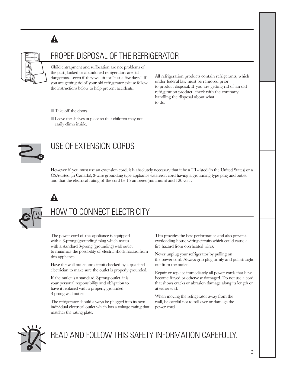 Danger! risk of child entrapment, Warning, Proper disposal of the refrigerator | Use of extension cords, How to connect electricity | GE 200D8074P044 User Manual | Page 3 / 112