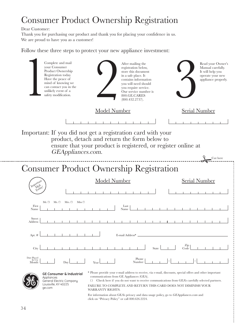 Consumer product ownership registration, Model number serial number | GE 200D8074P044 User Manual | Page 34 / 112