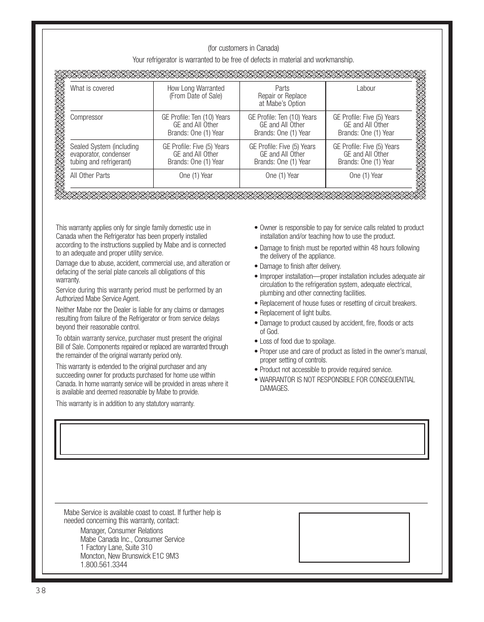 Warranty (canadian), Customer warranty | GE 200D8074P044 User Manual | Page 38 / 112