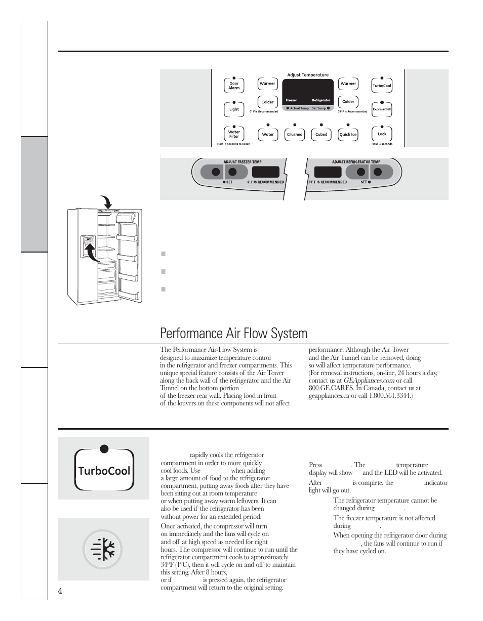 Operating instructions, Temperature controls, Turbocool | Expresschil, About the temperature controls, About turbocool, Performance air flow system, On some models) | GE 200D8074P044 User Manual | Page 4 / 112