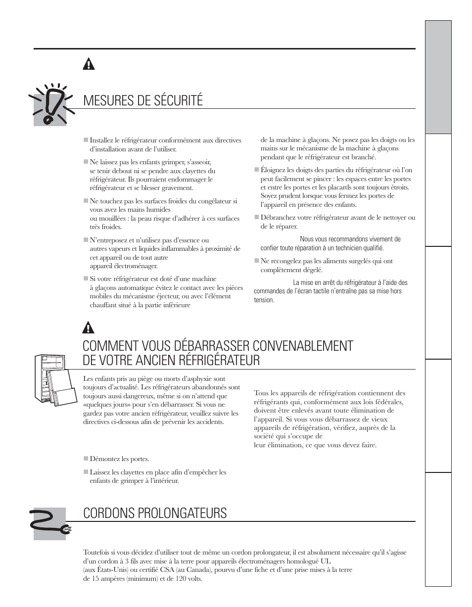 Mesures de sécurité, Avertissement, Danger! risques pour les enfants | Cordons prolongateurs | GE 200D8074P044 User Manual | Page 41 / 112