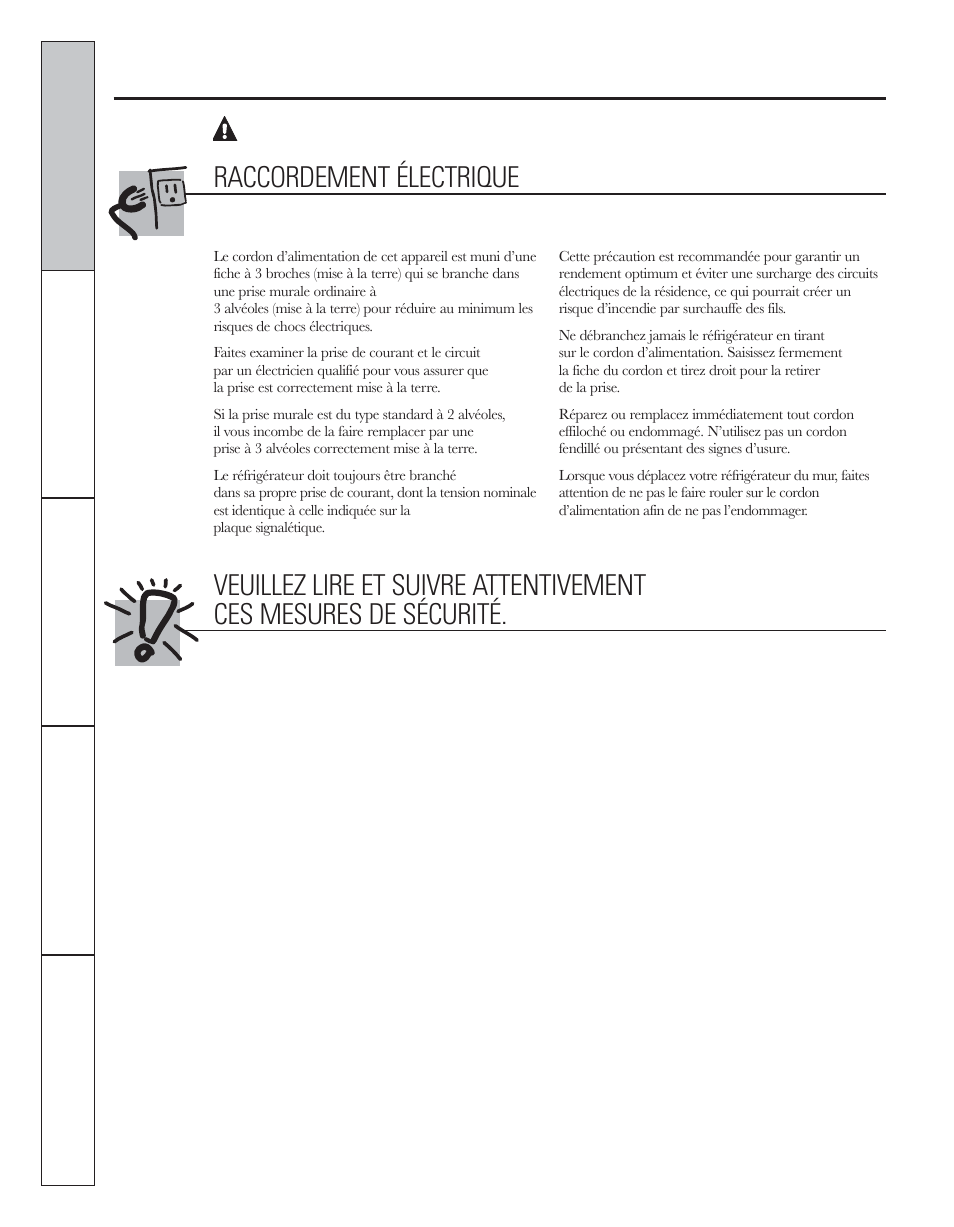 Avertissement, Raccordement électrique | GE 200D8074P044 User Manual | Page 42 / 112