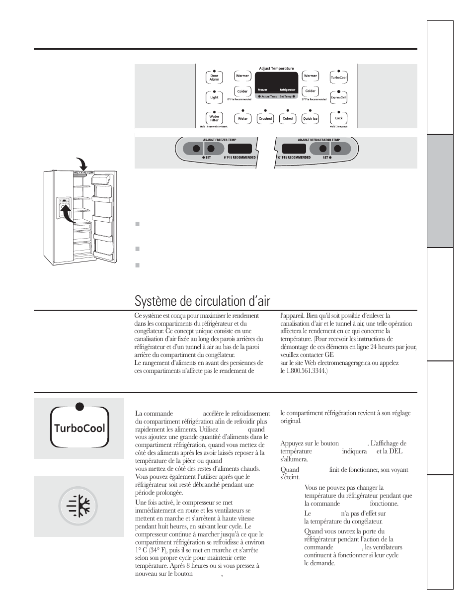 Les commandes, Turbocool, Au sujet de turbocool | Système de circulation d’air, Sur certains modèles) | GE 200D8074P044 User Manual | Page 43 / 112