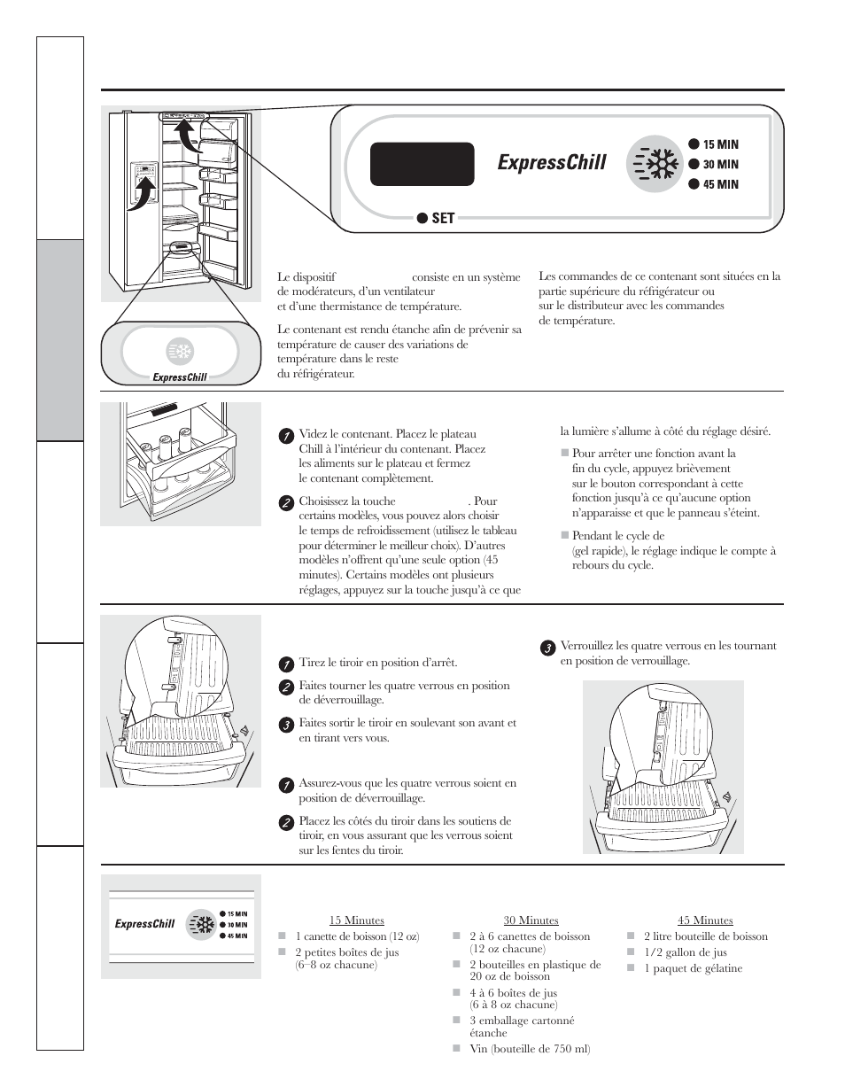 Au sujet de expresschill, Sur certains modèles), Utilisation fonctionnement | Pour enlever et replacer le tiroir, Tableau expresschill | GE 200D8074P044 User Manual | Page 44 / 112