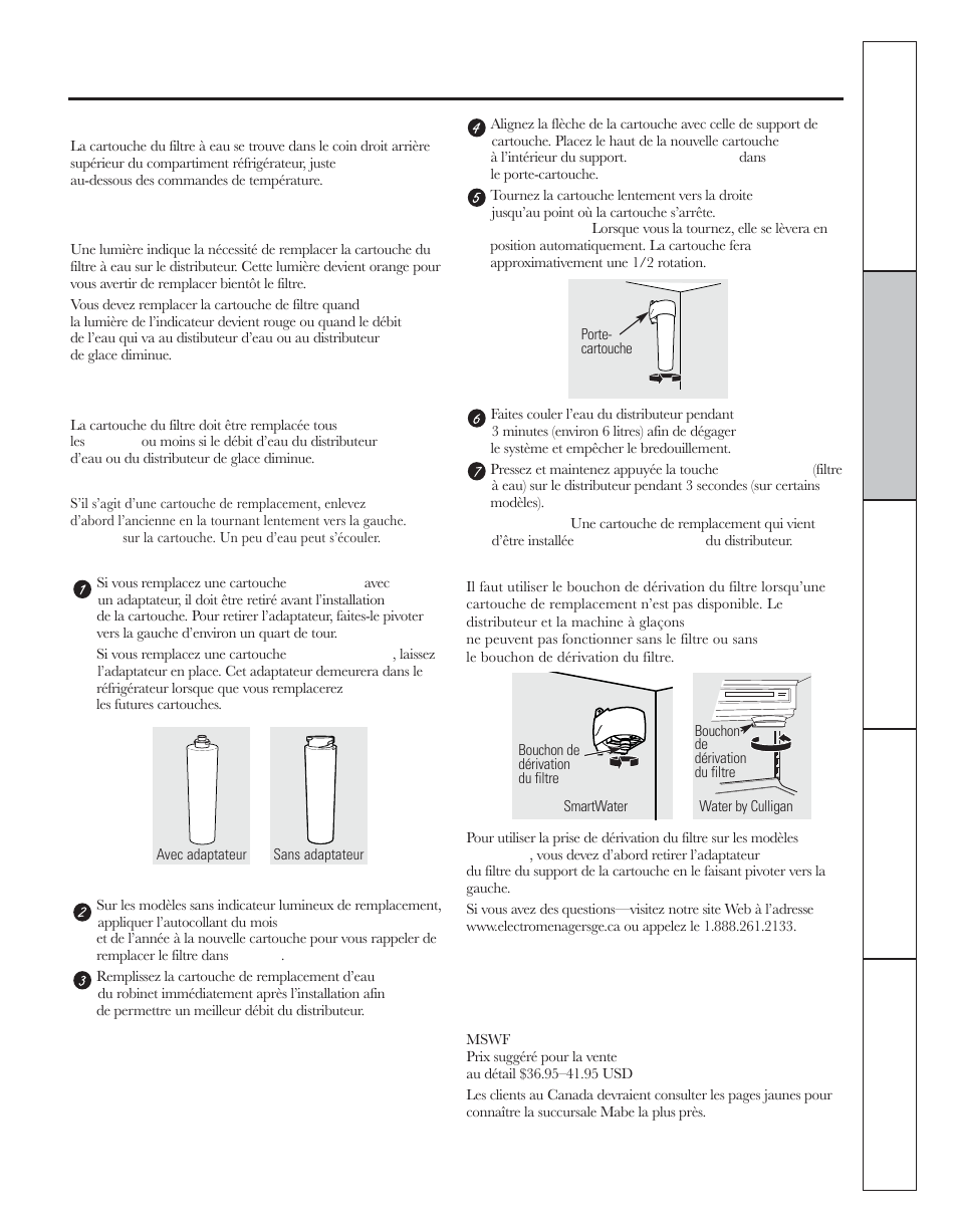 Le filtre à eau, Sur certains modèles) | GE 200D8074P044 User Manual | Page 45 / 112