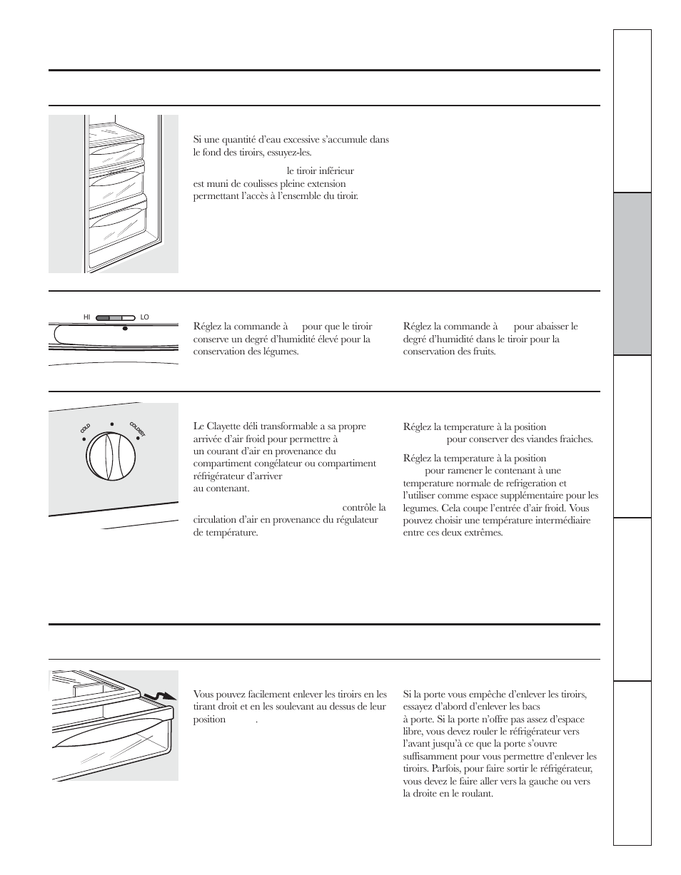 Les tiroirs et contenants à légume, Enlèvement des contenants, Les tiroirs de rangement | GE 200D8074P044 User Manual | Page 49 / 112