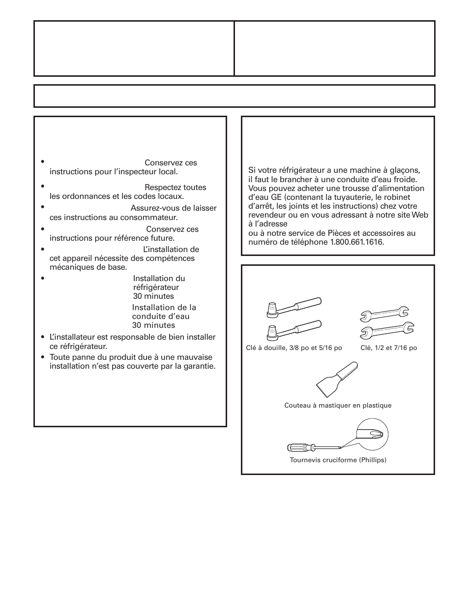 Préparation, Instructions réfrigérateur d’installation, Important | GE 200D8074P044 User Manual | Page 55 / 112