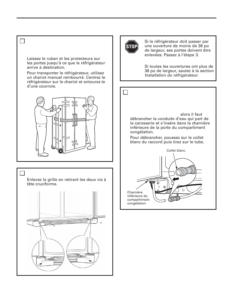Déménagement du réfrigérateur, Instructions d’installation, Chargement du réfrigérateur sur un chariot manuel | Enlevez la grille de base | GE 200D8074P044 User Manual | Page 56 / 112