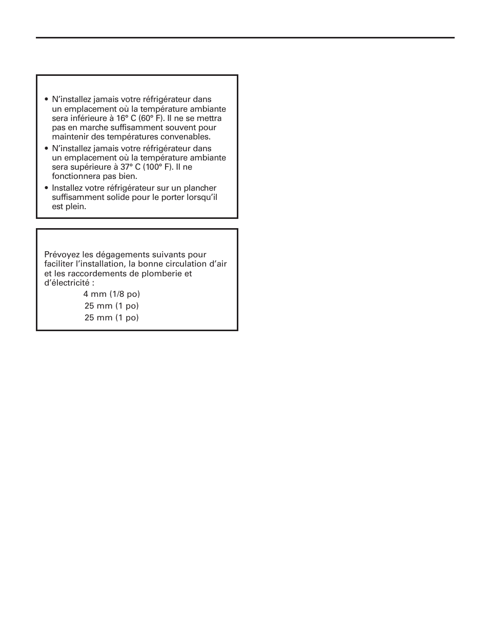 Installation du réfrigérateur, Emplacement du réfrigérateur, Dégagements | GE 200D8074P044 User Manual | Page 60 / 112