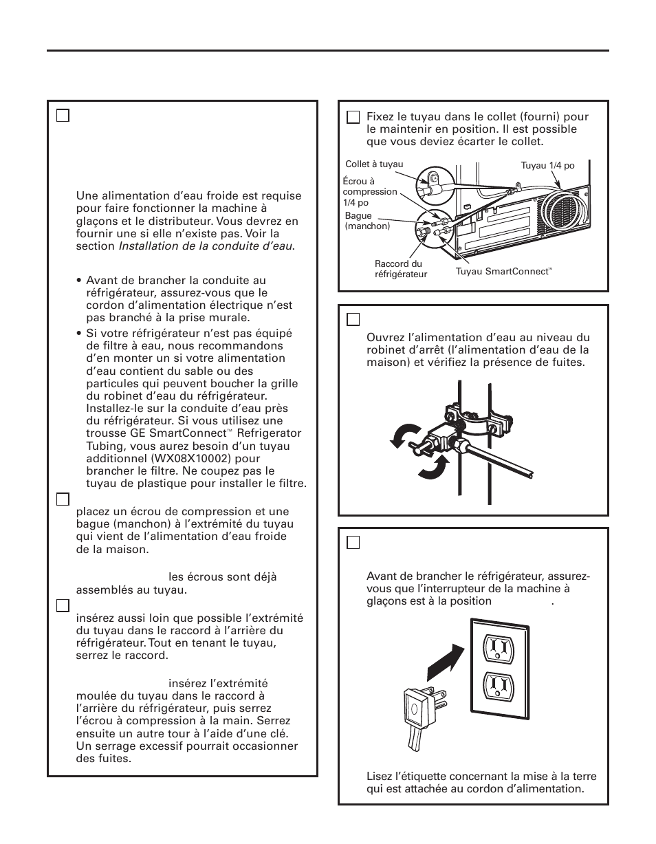 Instructions d’installation, Ouvrez l’alimentation d’eau, Branchez le cordon du réfrigérateur dans la prise | GE 200D8074P044 User Manual | Page 61 / 112