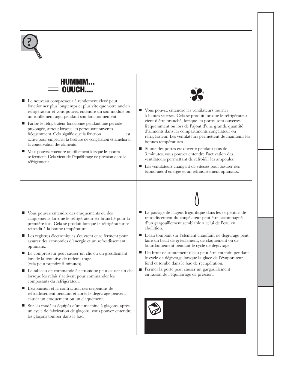 Conseils de dépannage, Bruits de fonctionnement normaux, Bruits normaux de fonctionnement | Hummm... ouuch, Clics, claquements, craquements et grésillements, Bruits d’eau, Ouir | GE 200D8074P044 User Manual | Page 67 / 112