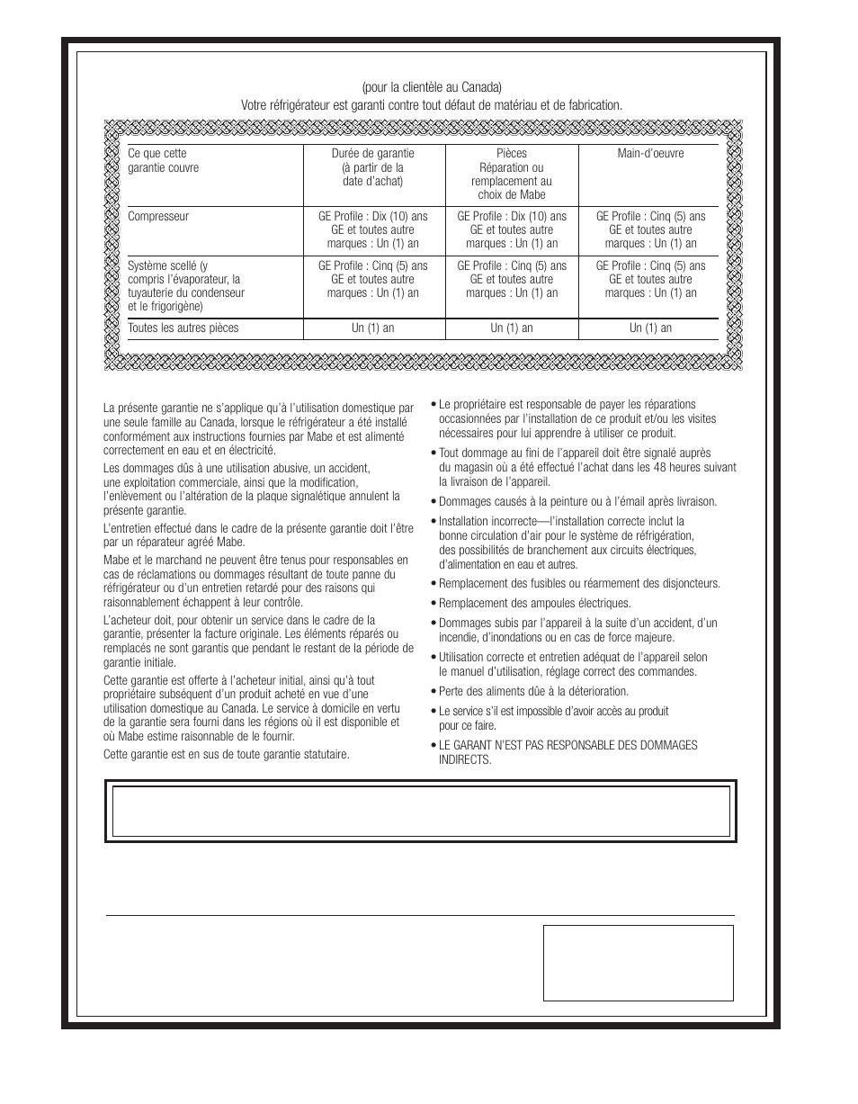 Garantie pour la clientèle au canada, Garantie du client | GE 200D8074P044 User Manual | Page 72 / 112