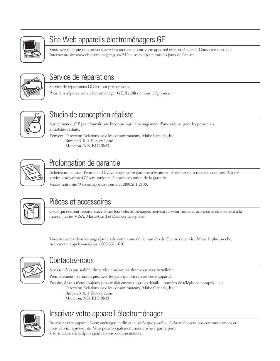 Soutien au consommateur, Service de réparations, Studio de conception réaliste | Prolongation de garantie, Pièces et accessoires, Contactez-nous, Inscrivez votre appareil électroménager | GE 200D8074P044 User Manual | Page 74 / 112