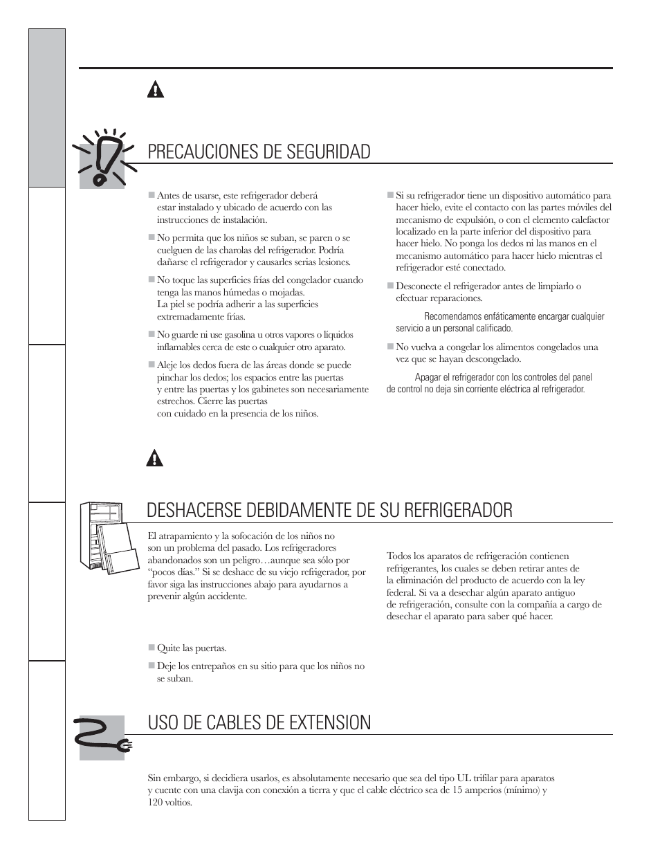 Información de seguridad, Advertencia, Precauciones de seguridad | Deshacerse debidamente de su refrigerador, Uso de cables de extension | GE 200D8074P044 User Manual | Page 76 / 112