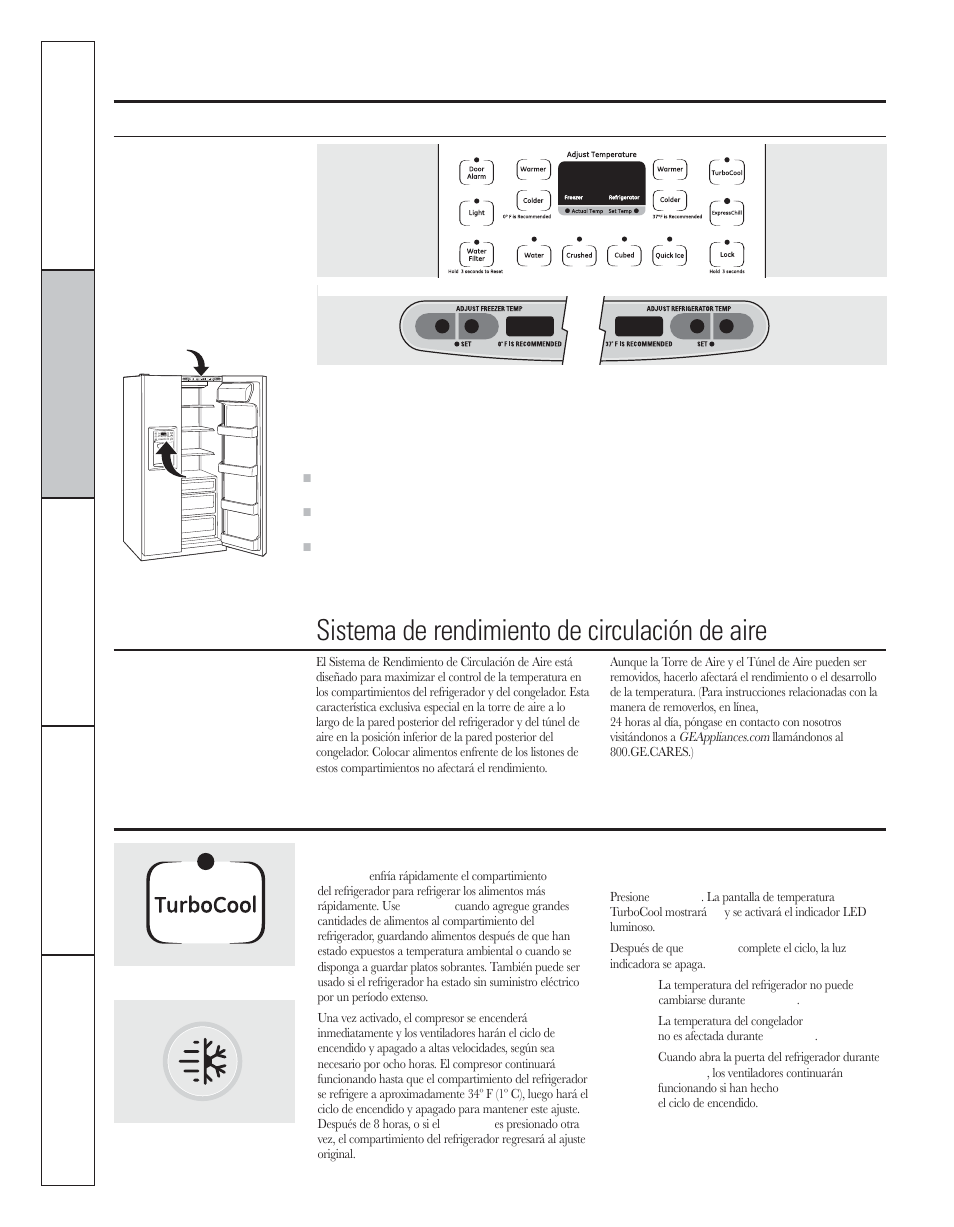 Los controles del refrigerador, Turbocool, Acerca de turbocool | Sistema de rendimiento de circulación de aire, En algunos modelos) | GE 200D8074P044 User Manual | Page 78 / 112