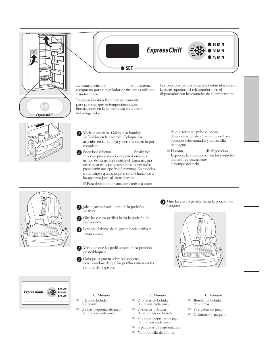 Expresschill, Acerca de expresschill, En algunos modelos) | Cómo usar cómo funciona, Para remover y reemplazar la gaveta, Tabla para expresschill | GE 200D8074P044 User Manual | Page 79 / 112