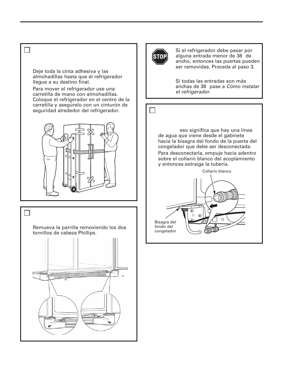 Cómo mover el refrigerador, Instrucciones para la instalación, Remueva la base de la parrilla | GE 200D8074P044 User Manual | Page 91 / 112