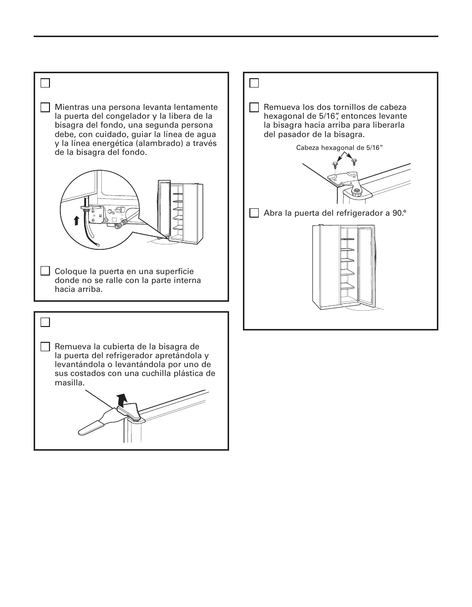 Instrucciones para la instalación, Remueva la puerta del congelador (cont.), Remueva la puerta del refrigerador | Remueva la puerta del refrigerador (cont.) | GE 200D8074P044 User Manual | Page 93 / 112