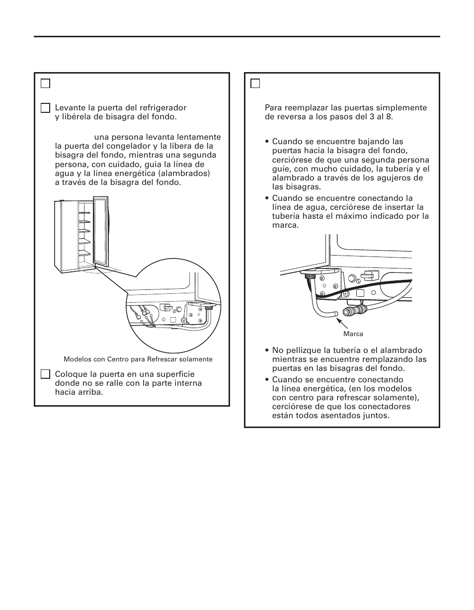 Instrucciones para la instalación, Cómo mover el refrigerador, Remueva la puerta del refrigerador (cont.) | Cómo reemplazar las puertas, Cont.) | GE 200D8074P044 User Manual | Page 94 / 112