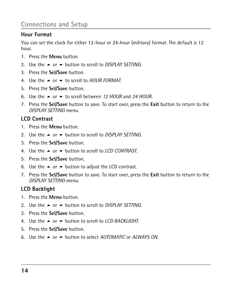 Connections and setup | GE 25205 User Manual | Page 14 / 96