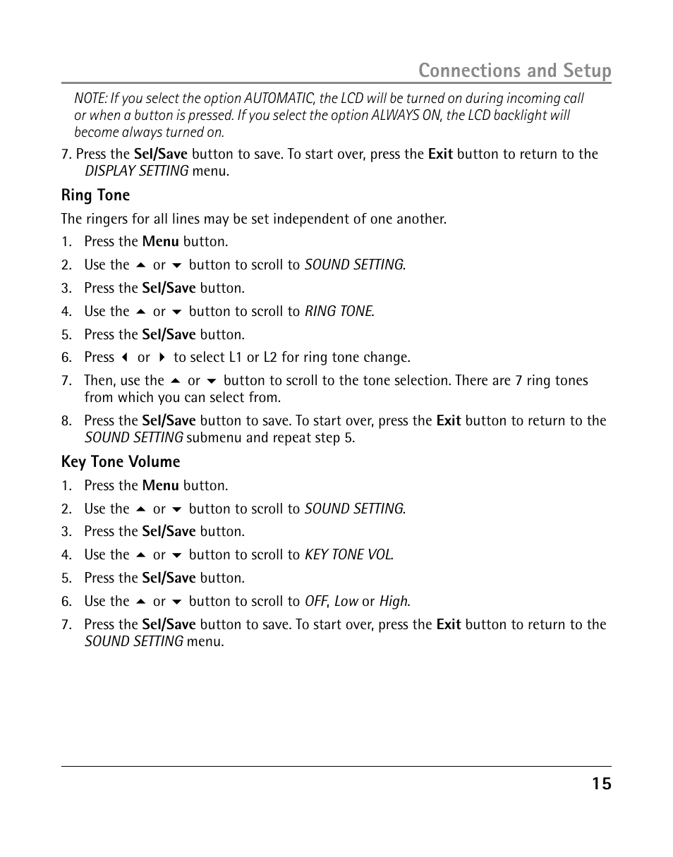 Connections and setup | GE 25205 User Manual | Page 15 / 96