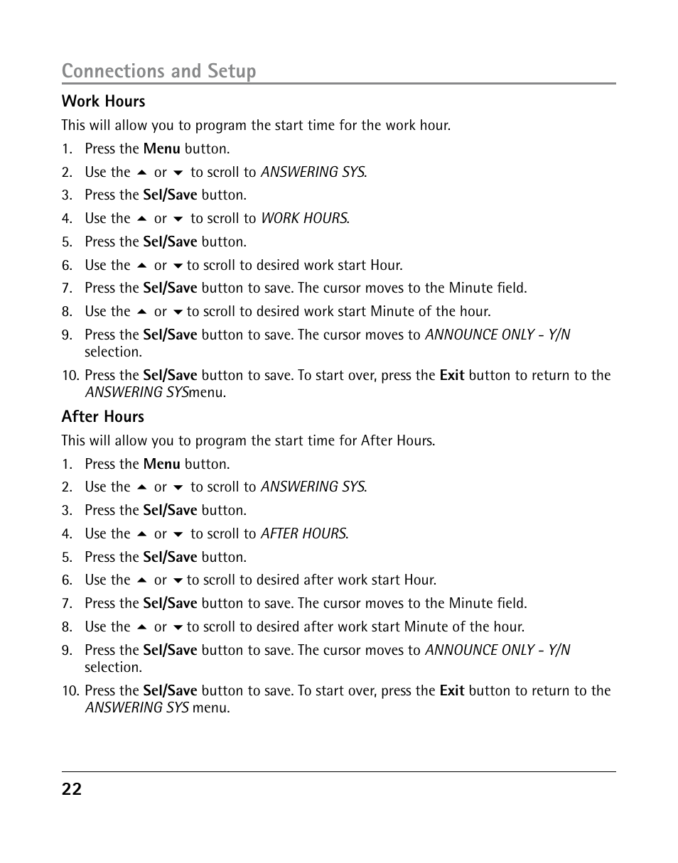 Connections and setup | GE 25205 User Manual | Page 22 / 96