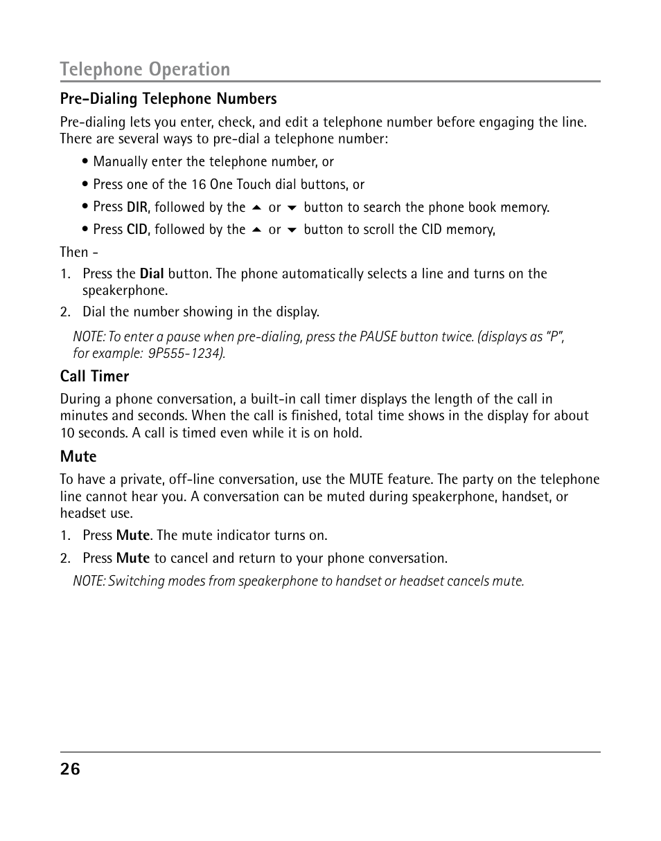 Telephone operation | GE 25205 User Manual | Page 26 / 96