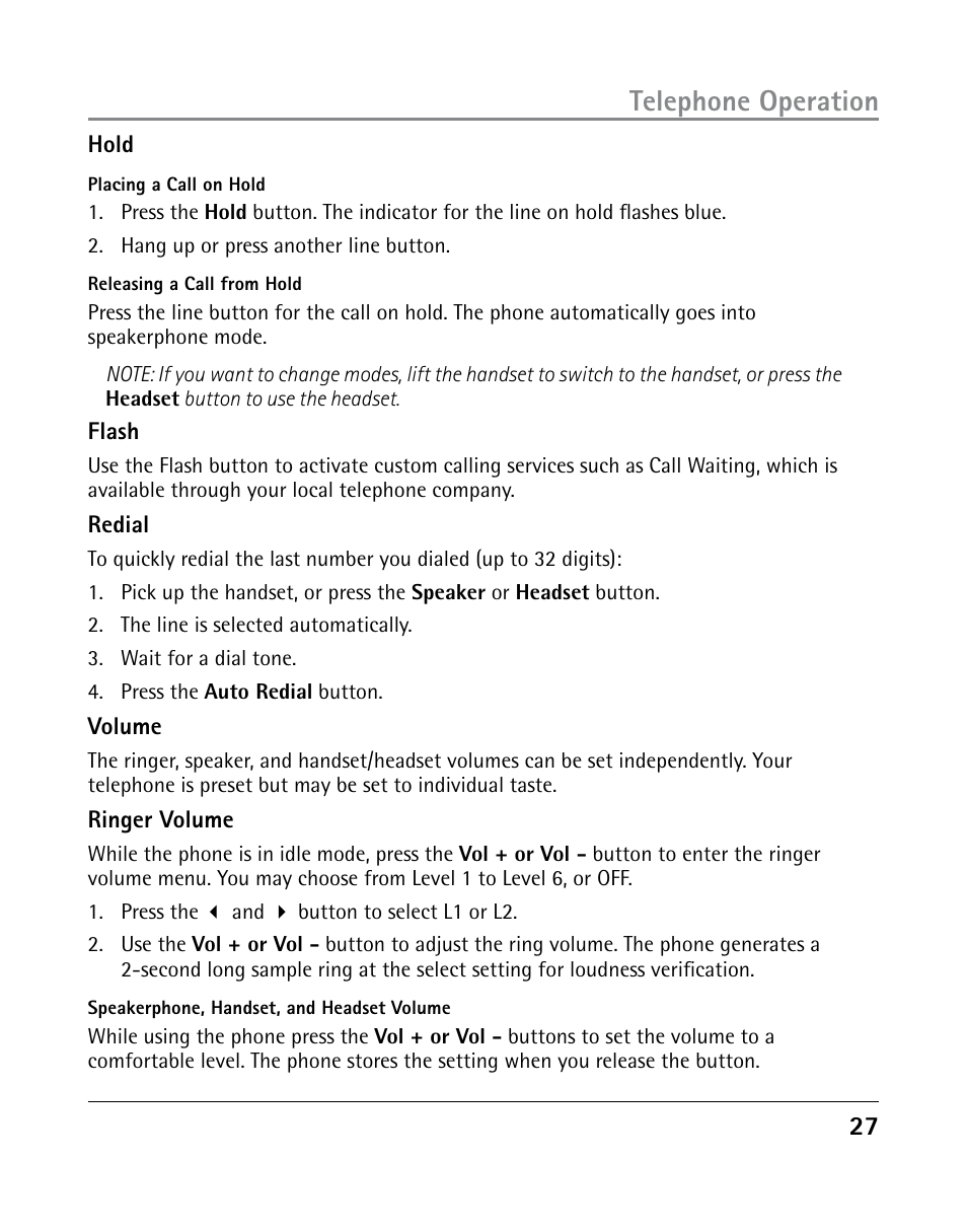 Telephone operation | GE 25205 User Manual | Page 27 / 96