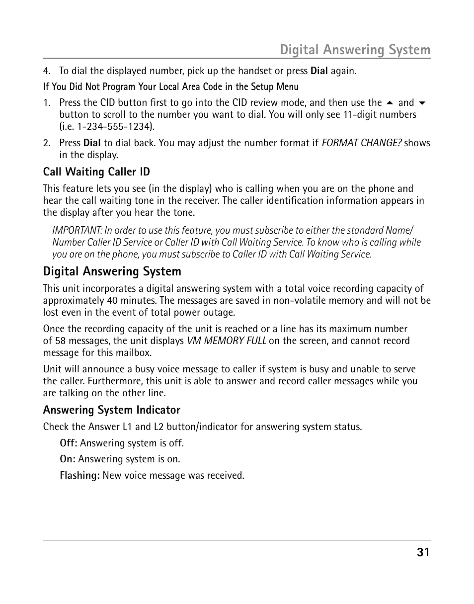 Digital answering system | GE 25205 User Manual | Page 31 / 96