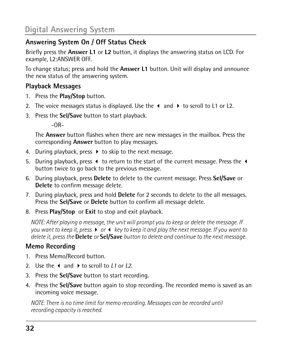 Digital answering system | GE 25205 User Manual | Page 32 / 96